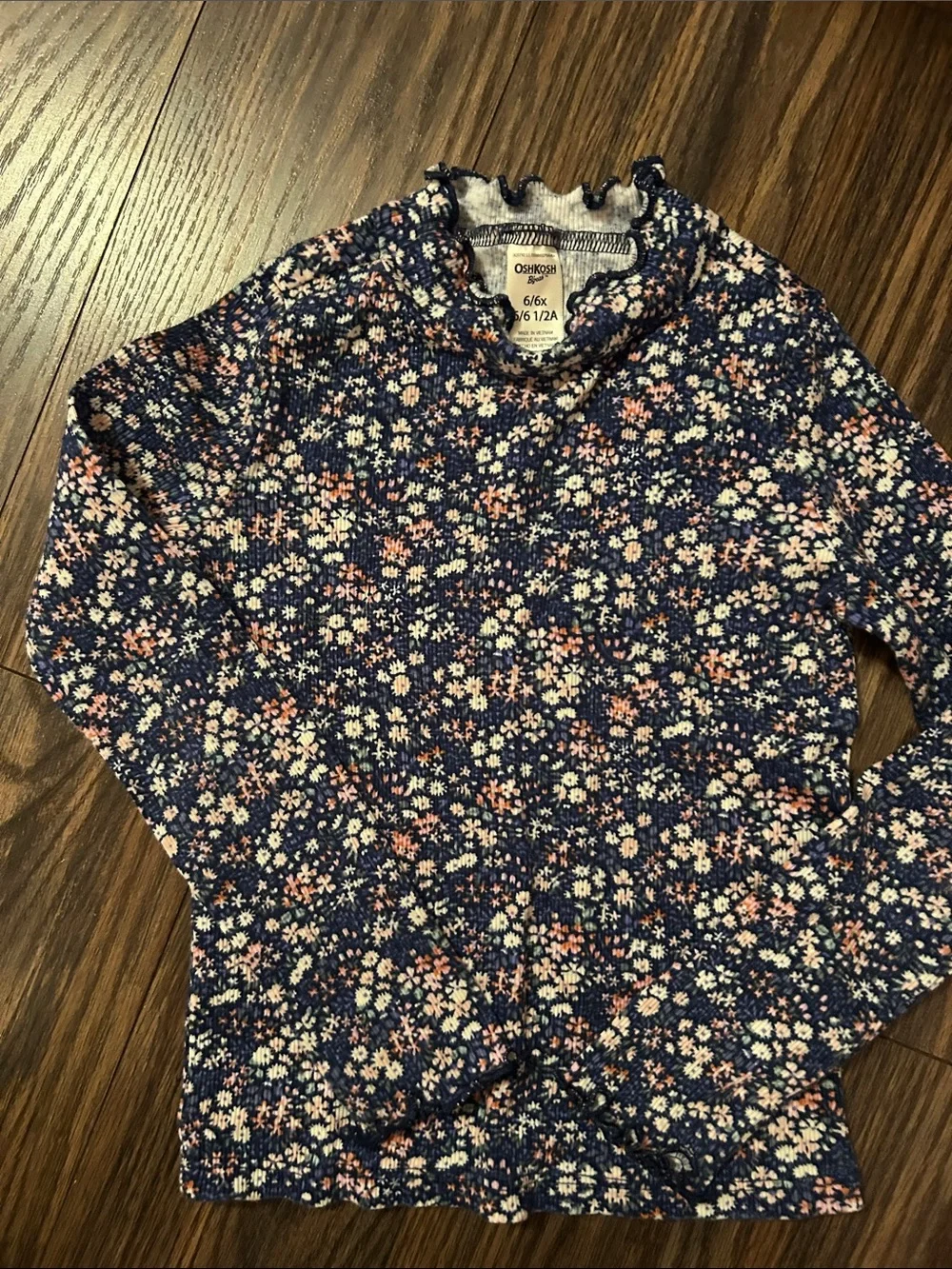OshKosh B'gosh Girls' Long Sleeve Floral Navy and Pink Stripe Mock Neck Tops